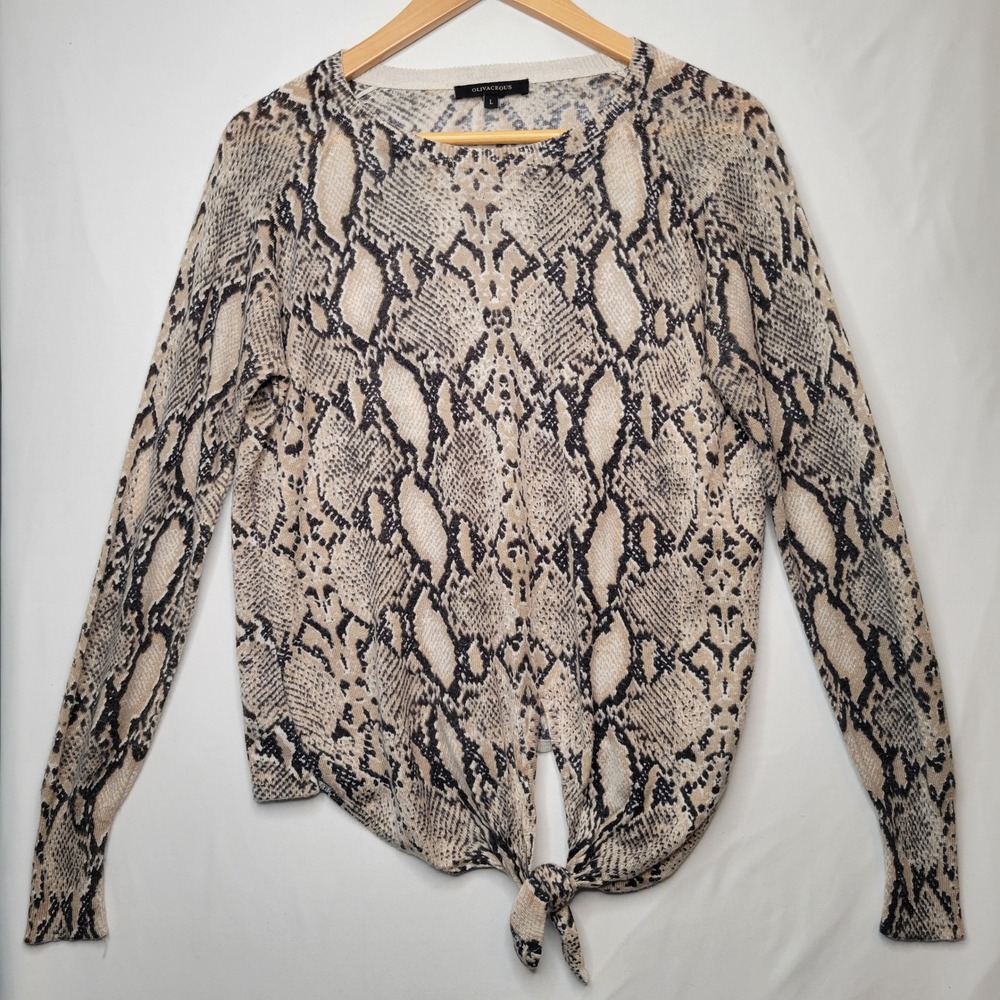 Olivaceous Snakeskin Print Tie Front Long Sleeve Sweater Top Womens Sz‎ L